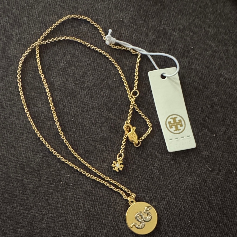 Tory Burch Gold Logo Snake Medallion Gold Necklace $129 NWT